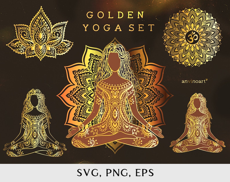 May include: Golden yoga set with a mandala design. The set includes a lotus flower, a mandala, and three yoga poses. The yoga poses are in a sitting position with legs crossed and hands in a mudra position. The set is perfect for yoga enthusiasts and meditation.
