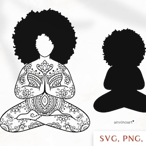 Yoga svg, afro woman svg, yoga clipart, afro silhouette Plus Size SVG, Yoga body positive SVG fitness meditation Boho zentangle vector