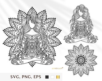 Yoga svg, yoga clipart, yoga mandala svg, meditation svg, svg cut files, Mandala ornament clipart zentangle Boho style vector illustration