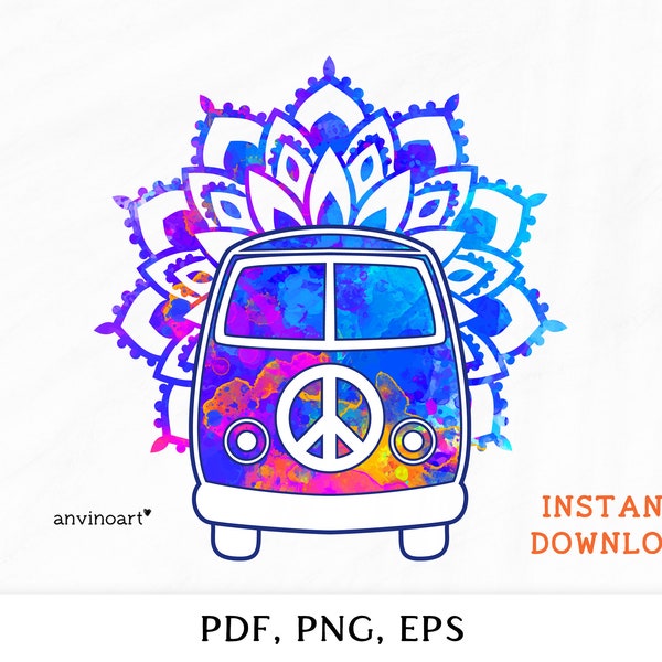 Hippy van png, hippie png, retro png, Hippie Sublimation, Hippie bus, Mandala png, Digital Files, watercolor Hippie van, Sublimation Design