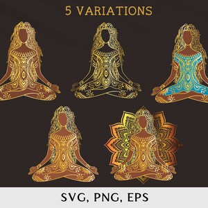 May include: Five variations of a gold-colored illustration of a woman sitting in a yoga pose. The woman is wearing a patterned dress and has long hair. The illustrations are on a dark background. The text "5 VARIATIONS" and "SVG, PNG, EPS" are at the top and bottom of the image.