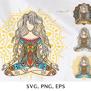 Yoga mandala svg, clipart set, meditation, namaste, yoga clipart, png, meditation lotus, yoga girl pose svg clipart Hippie Boho style vector