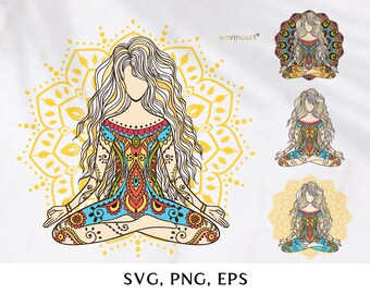 Yoga mandala svg, clipart set, meditation, namaste, yoga clipart, png, meditation lotus, yoga girl pose svg clipart Hippie Boho style vector