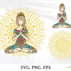 Yoga mandala svg, Yoga svg, yoga clipart png meditation lotus yoga girl pose svg namaste clipart Hippie Boho style vector Commercial license