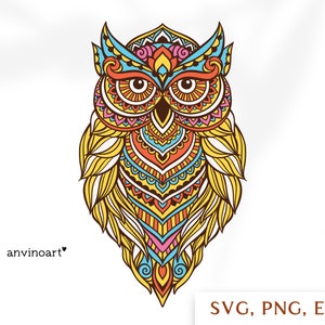 Sowa SVG, Mandala Sowa, Zentangle zwierzę, Projekt Sublimacji, SVG Sylwetka Sowy, clipart, cięcie, Sowa do Cricut, Boho png, Pobieranie cyfrowe