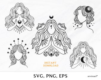 May include: Five black and white line drawings of women with long hair and various moon and star symbols. The women are in different poses, some with their hands clasped in prayer, others with their hands raised to the sky. The drawings are on a white background.