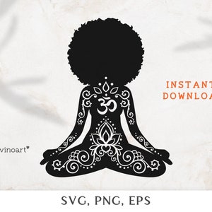 Silhouette yoga svg lotus ornemental om Afro femme noire yoga svg, zen silhouette svg lotus yoga clipart, afro svg, clipart yoga méditation