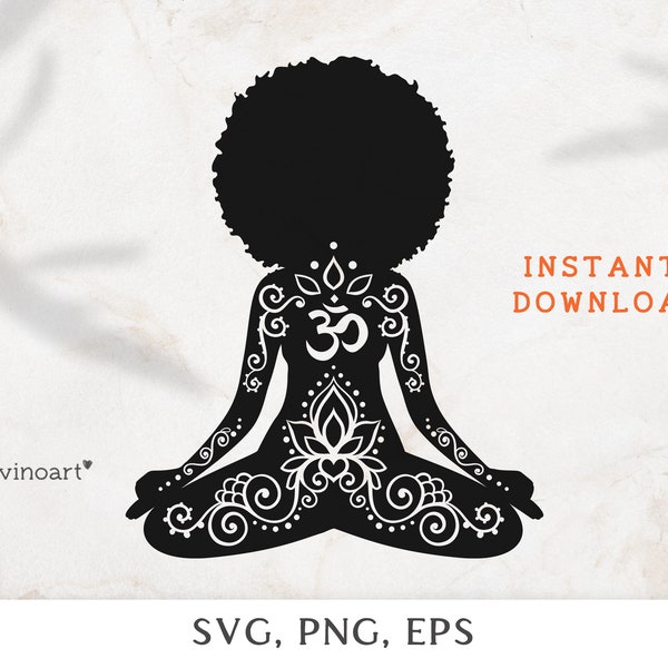 Silhouette yoga svg lotus ornamental om Afro black woman yoga svg, zen silhouette svg lotus yoga clipart, afro svg, meditation yoga clipart