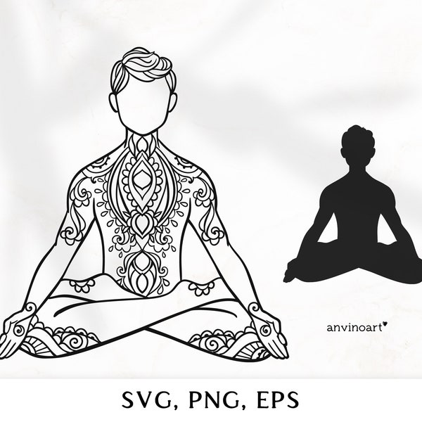 Yoga svg, Yoga Man svg, Yoga Guy Teacher buddha lotus svg, yoga pose svg files for Cricut zentangle SVG Boho style vector  clipart