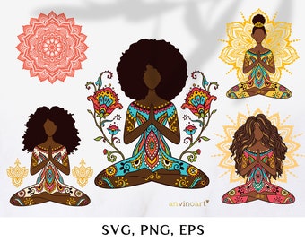 Black Woman yoga svg, Yoga svg, black woman yoga mandala svg, Afro Black Girl svg, namaste png, clipart yoga, mandala svg, zentangle svg