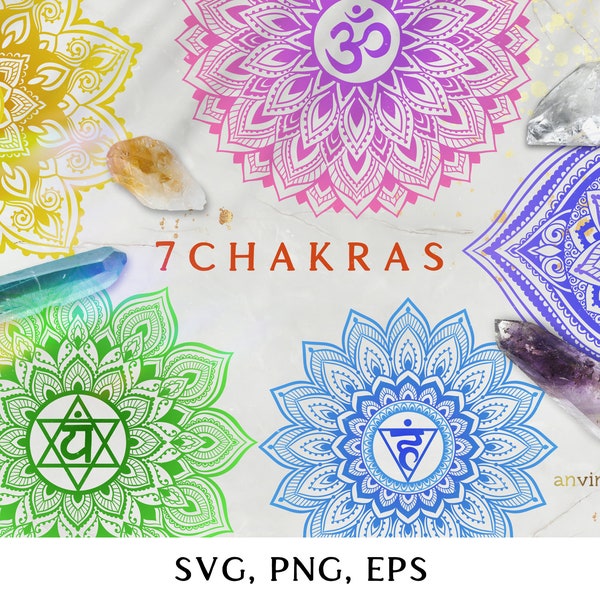 7 Chakras svg Meditation Clipart, Mandala Svg, chakra symbol svg, om namaste svg, Digital Cut File Yoga Boho zentangle  Commercial license