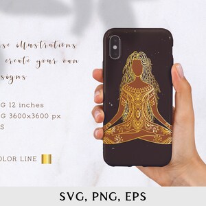 May include: A digital illustration of a woman meditating in a yoga pose. She is outlined in gold and has intricate patterns on her clothing. The background is dark brown.