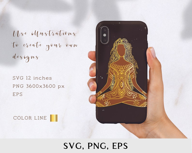 May include: A digital illustration of a woman meditating in a yoga pose. She is outlined in gold and has intricate patterns on her clothing. The background is dark brown.