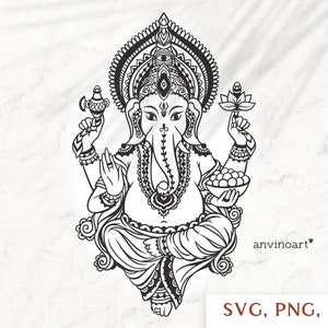 May include: Black and white line art illustration of the Hindu deity Ganesha. Ganesha is depicted with an elephant head, a single tusk, and four arms. He is sitting in a meditative pose with his hands in a mudra. He is wearing a crown and jewelry. He is holding a lotus flower in one hand and a bowl of sweets in another.