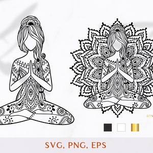 Yoga svg, yoga clipart png. Meditation yoga girl pose, Woman lotus pose ornament clipart, zentangle vector illustration. Commercial license