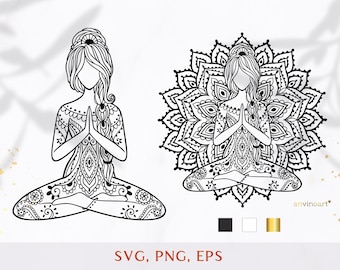 Yoga svg, yoga clipart png. Meditation yoga girl pose, Woman lotus pose ornament clipart, zentangle vector illustration. Commercial license