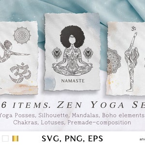 Yoga Bundle, Yoga svg, Yoga Mandala, black woman afro svg, Yoga clipart, Om, Namaste svg, Lotus svg, Women silhouette set, Chakra, 96 items