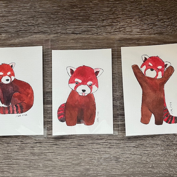 Cute Red Panda Watercolor Paintings | Set of 3 Originals | Red Panda Gift | Gift for Friend | Handpainted one of a kind artwork