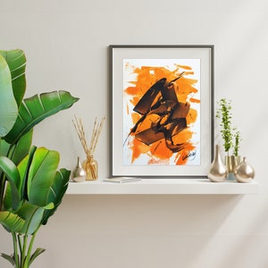 Piccolo dipinto acrilico originale su carta con nero arancione, arte murale astratta per casa e ufficio, dipinti in miniatura