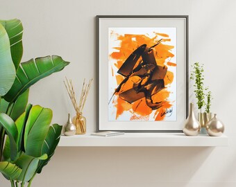 Pintura abstracta original en naranja y negro, arte acrílico pequeño