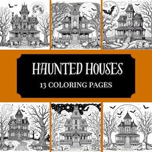 13 páginas para colorear con diseños de casas embrujadas y espeluznantes: libro para colorear para niños y adultos, páginas para colorear en escala de grises, descarga instantánea, PDF imprimible