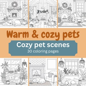 30 Warm and Cozy Pet/Animal Coloring Pages - Kids and Adult Coloring Book, Grayscale Coloring Book, Instant Digital Download PDF, Print File