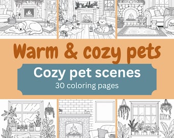 30 Warm and Cozy Pet/Animal Coloring Pages - Kids and Adult Coloring Book, Grayscale Coloring Book, Instant Digital Download PDF, Print File