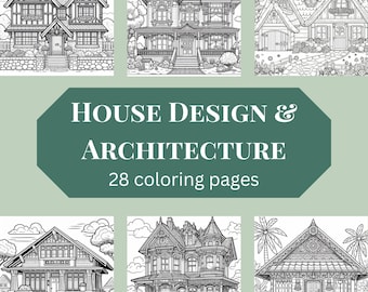 28 páginas para colorear de diseño de casas y arquitectura: libro para colorear para niños y adultos, libro para colorear en escala de grises, descarga digital en PDF, archivo para imprimir
