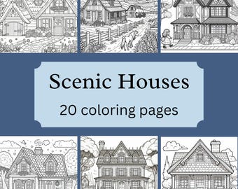 20 adorables páginas para colorear de casas y paisajes para imprimir - Libro para colorear para niños y adultos, páginas para colorear en escala de grises, descarga digital instantánea