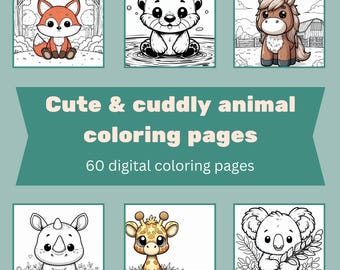 60 páginas para colorear de animales adorables y tiernos: libro para colorear para niños y adultos, hojas para colorear en escala de grises, descarga digital instantánea, PDF imprimible