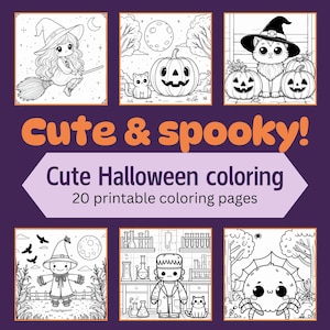 Cute and spooky Halloween coloring pages for kids and adults - 20 digital download coloring book pages, fun fall activity, printable PDF