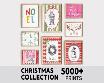 May include: A collection of framed Christmas prints with festive designs. The prints include the word "NOEL" in colorful letters, Santa Claus illustrations, and holiday phrases like "Eat Drink & Be Merry." The collection is labeled "Christmas Collection 5000+ Prints."