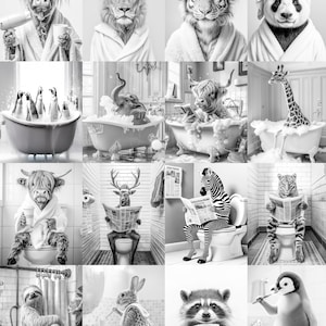 May include: A black and white collage of various animals in bathroom settings. A cow with a hairdryer, a lion with a towel, a tiger with curlers, and a panda in a towel. Other animals include penguins in a tub, an elephant in a tub, and a giraffe in a tub.