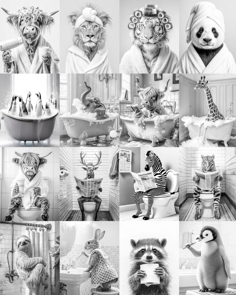 May include: A black and white collage of various animals in bathroom settings. A cow with a hairdryer, a lion with a towel, a tiger with curlers, and a panda in a towel. Other animals include penguins in a tub, an elephant in a tub, and a giraffe in a tub.