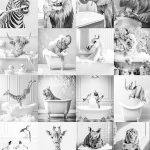 May include: A black and white collage of various animals in bathroom settings. A zebra brushes its teeth, a lion brushes its teeth, an elephant uses a sink, and a hippo brushes its teeth. Other animals include a bull, elephant, horse, and lion in bathtubs.