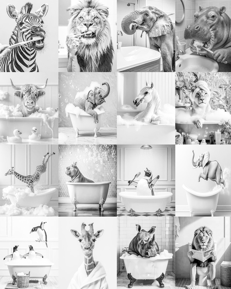 May include: A black and white collage of various animals in bathroom settings. A zebra brushes its teeth, a lion brushes its teeth, an elephant uses a sink, and a hippo brushes its teeth. Other animals include a bull, elephant, horse, and lion in bathtubs.