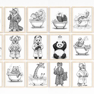 May include: A collection of framed black and white illustrations featuring various animals in bathrobes and bathtubs. Animals include a butterfly, alligator, elephant, eagle, crab, cheetah, koala, panda, turtle, and others. The artwork is suitable for a bathroom or nursery.