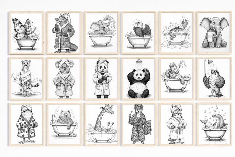 May include: A collection of framed black and white illustrations featuring various animals in bathrobes and bathtubs. Animals include a butterfly, alligator, elephant, eagle, crab, cheetah, koala, panda, turtle, and others. The artwork is suitable for a bathroom or nursery.