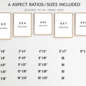 May include: Image showcasing six framed art prints with various aspect ratios, including 2x3, 3x4, 4x5, 5x7, and 11x14. Below, a list of corresponding sizes like 4"x6", 8"x10", and 12"x18" is displayed, along with A-series paper sizes.