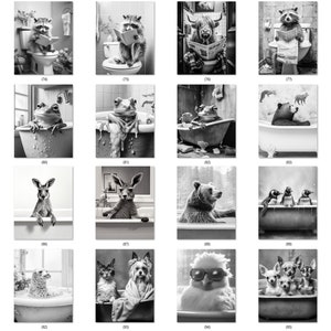 May include: A collection of black and white art prints featuring various animals in bathroom settings. The images depict animals like a hippo reading a newspaper, a raccoon on a toilet, and a bear in a bathtub. The art style is whimsical and humorous.