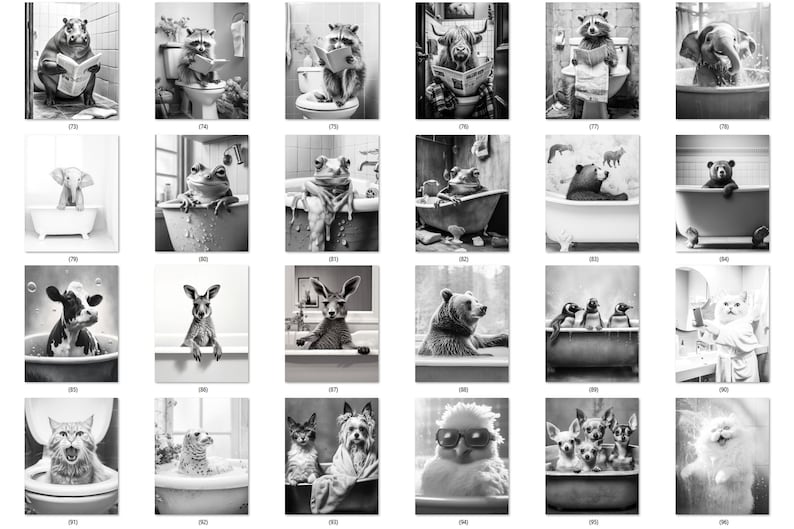 May include: A collection of black and white art prints featuring various animals in bathroom settings. The images depict animals like a hippo reading a newspaper, a raccoon on a toilet, and a bear in a bathtub. The art style is whimsical and humorous.