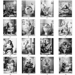 May include: A collection of black and white illustrations depicting various animals, including an owl, leopard, and hedgehog, seated on toilets and reading newspapers. The artwork is detailed and humorous, suitable for bathroom decor.