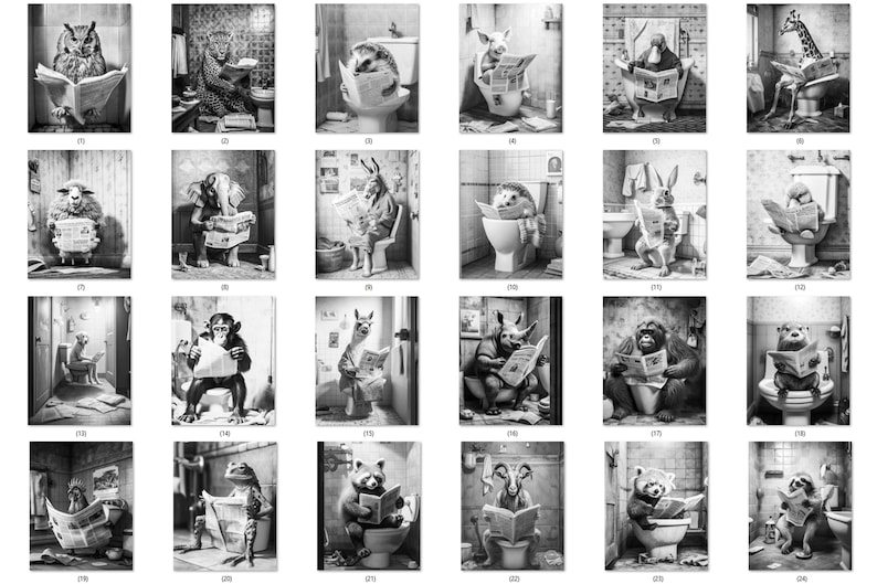 May include: A collection of black and white illustrations depicting various animals, including an owl, leopard, and hedgehog, seated on toilets and reading newspapers. The artwork is detailed and humorous, suitable for bathroom decor.