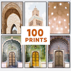 Può includere: Una collezione di sei stampe incorniciate che presentano intricati dettagli architettonici dal Marocco e dall'India. Le stampe mostrano archi, porte e soffitti decorati con intricati lavori di piastrelle e motivi. Le stampe sono tutte in uno stile simile e sarebbero fantastiche esposte insieme in una casa o in un ufficio.