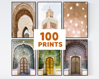 May include: A collection of six framed prints featuring intricate architectural details from Morocco and India. The prints showcase ornate arches, doorways, and ceilings with intricate tilework and patterns. The prints are all in a similar style and would look great displayed together in a home or office.