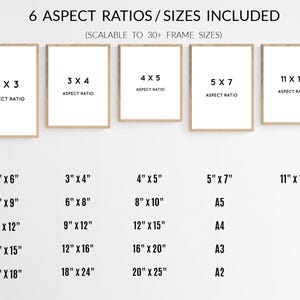 May include: A chart showing 6 different aspect ratios for printable art, with corresponding frame sizes in inches. The aspect ratios are 2x3, 3x4, 4x5, 5x7, and 11x14. The chart also includes standard paper sizes in inches, such as 4x6, 6x9, 8x12, 10x15, and 12x18. The chart also includes standard paper sizes in metric, such as A5, A4, A3, and A2.