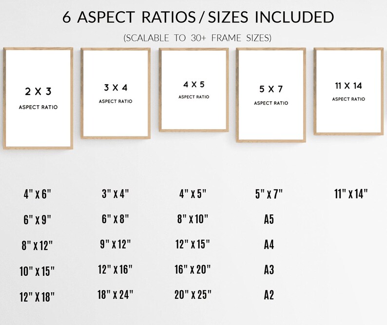 May include: A chart showing 6 different aspect ratios for printable art, with corresponding frame sizes in inches. The aspect ratios are 2x3, 3x4, 4x5, 5x7, and 11x14. The chart also includes standard paper sizes in inches, such as 4x6, 6x9, 8x12, 10x15, and 12x18. The chart also includes standard paper sizes in metric, such as A5, A4, A3, and A2.
