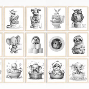 May include: A collection of framed black and white illustrations featuring various animals in humorous bathroom settings. Animals include a goat, tiger, dog, rabbit, owl, elephant, bear, hedgehog, chinchilla, sloth, pig, bunny, duckling, and leopard.