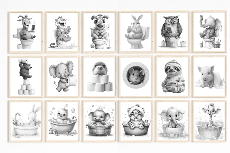 May include: A collection of framed black and white illustrations featuring various animals in humorous bathroom settings. Animals include a goat, tiger, dog, rabbit, owl, elephant, bear, hedgehog, chinchilla, sloth, pig, bunny, duckling, and leopard.