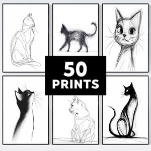 Könnte beinhalten: Sechs gerahmte Katzenkunstdrucke in Schwarz und Weiß. Die Drucke zeigen verschiedene künstlerische Stile, darunter Strichzeichnungen und Schattierungen. Das zentrale Bild zeigt "50 PRINTS" in fetter weißer Schrift auf schwarzem Hintergrund.